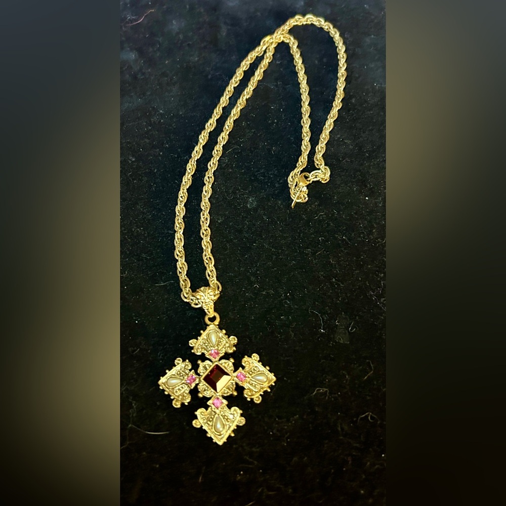 1928 Gold CrossNecklace with Pink and Red Accents - Picture 1 of 8